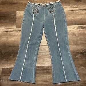 PrettyLittleThing Lace-Up Flare Jeans Size 8 Raw Hem Boho